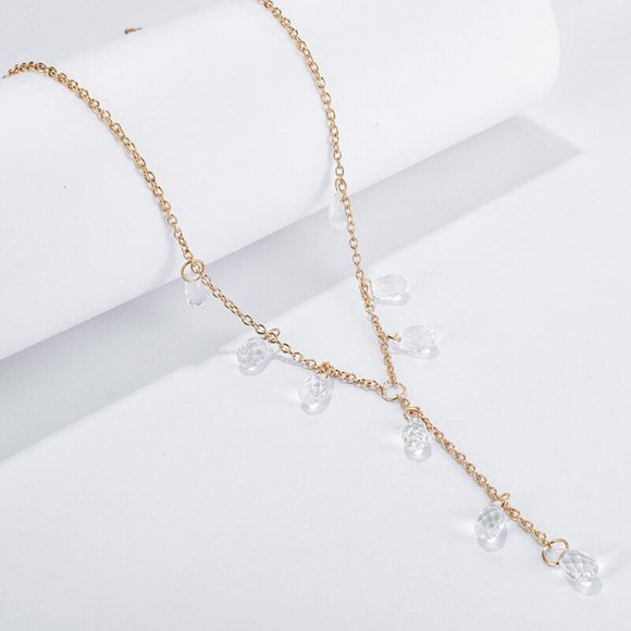Water Drop Clear Crystal Pendant Gold Strand Necklace - Picture 2 of 8